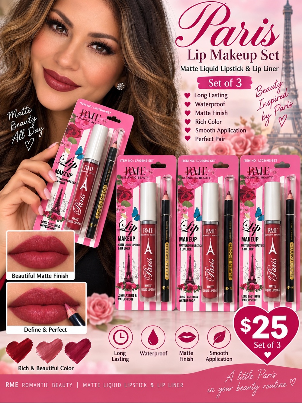 Set of 3-Aris Lip Makeup Set — Rose, Deep Red & Berry Pink